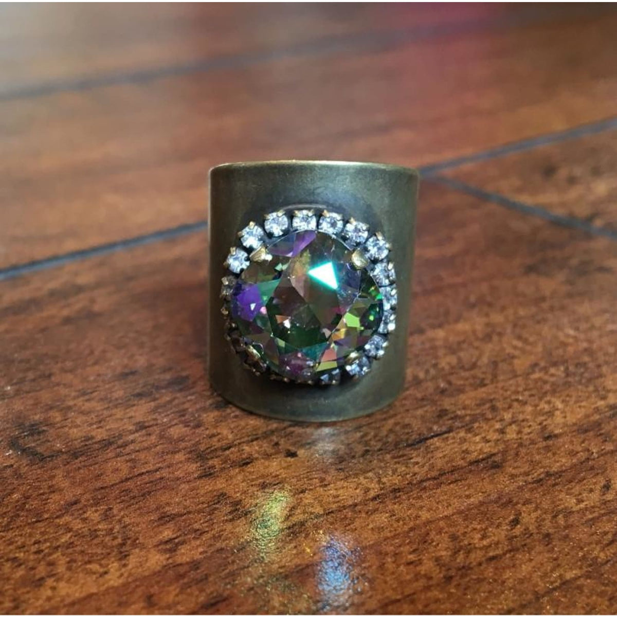 Handmade Ring Antique Gold Barrel Ring With AB Swarovski Crystal Dirt Road Divas Boutique