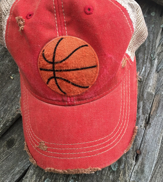 Game Day Vintage Distressed Trucker Cap with Basketball Patch.   12 Color Choices,Cap - Dirt Road Divas Boutique