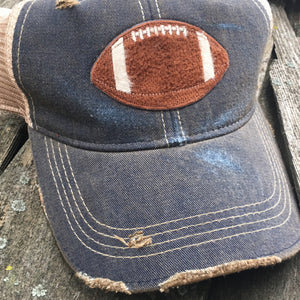 Game Day Vintage Distressed Trucker Cap with Football Patch.   12 Color Choices,Cap - Dirt Road Divas Boutique