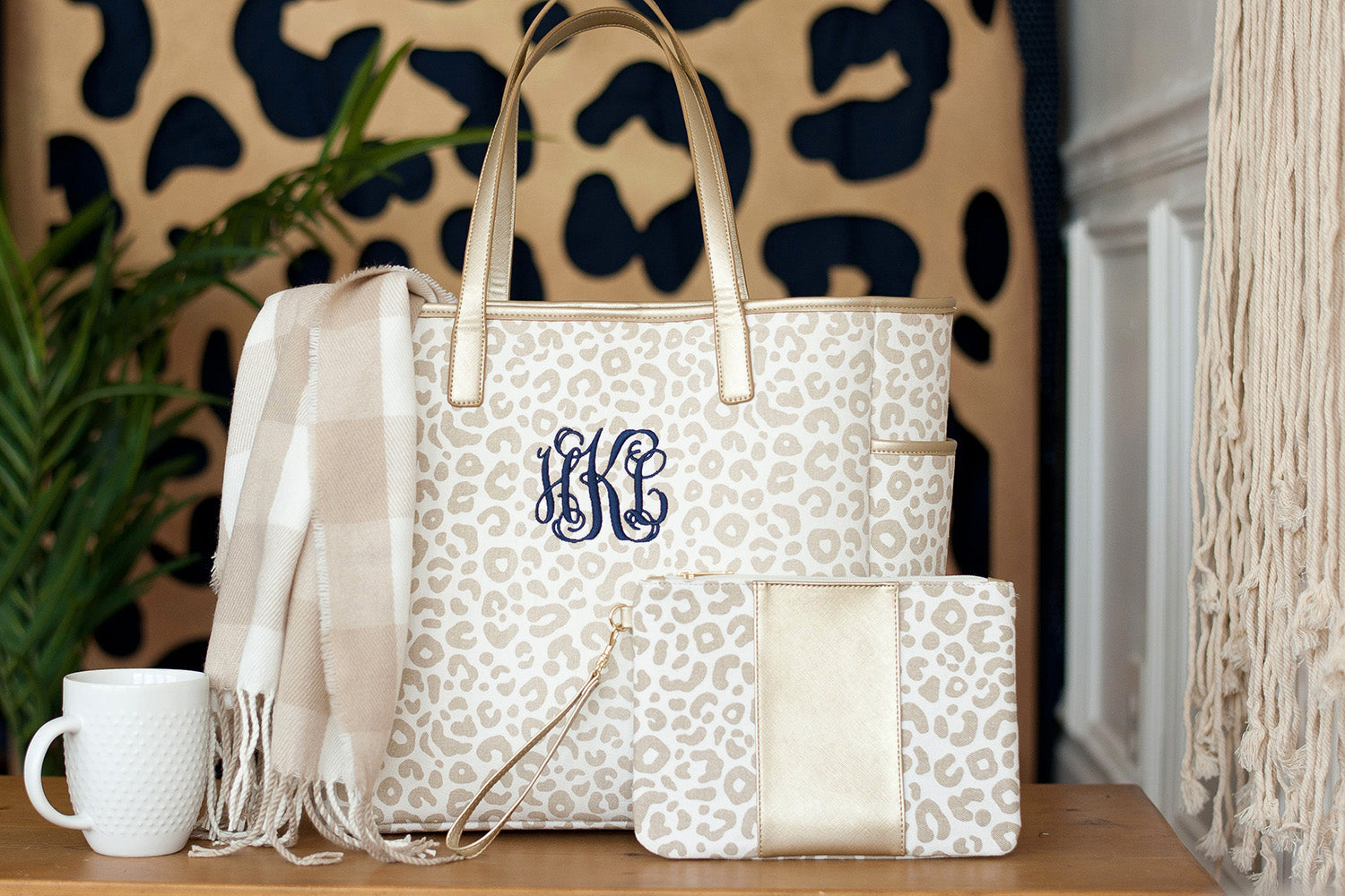 Ivory & Gold Leopard Tote Bag with Monogram,Tote Bag - Dirt Road Divas Boutique