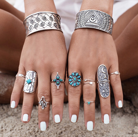 Silver Turquoise Boho Ring Set of 9 Rings