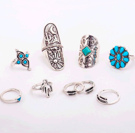 Silver Turquoise Boho Ring Set of 9 Rings