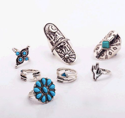 Silver Turquoise Boho Ring Set of 9 Rings