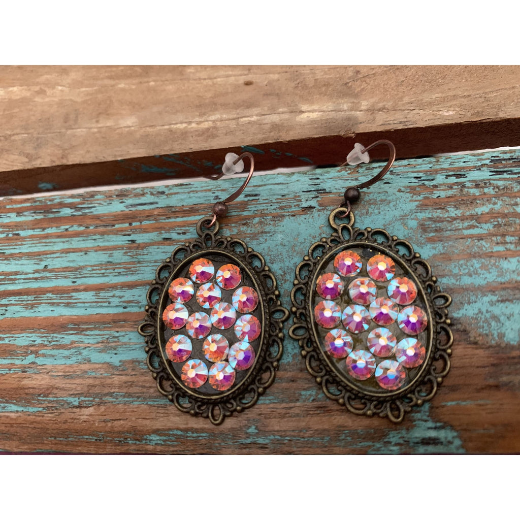 AB Swarovski Crystal Earrings on Antiqued Copper Ovals,Earrings - Dirt Road Divas Boutique