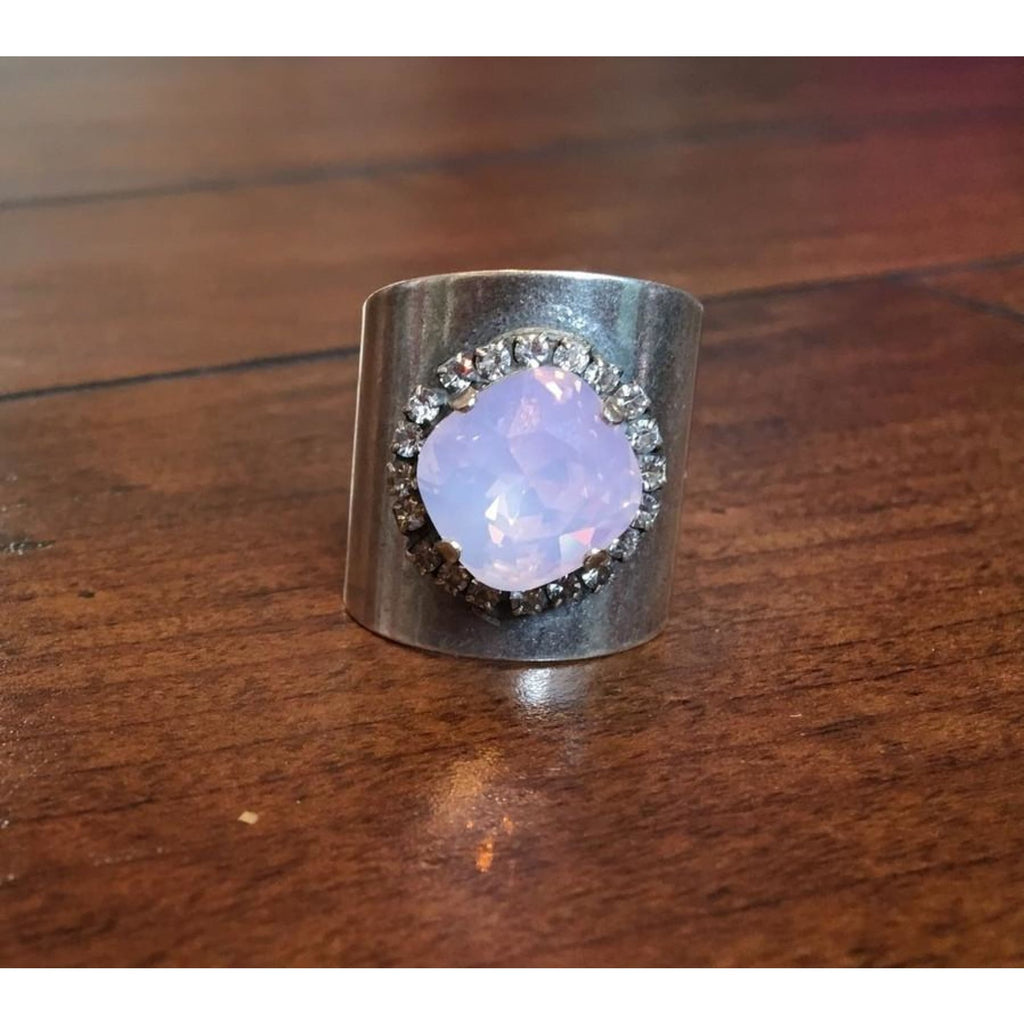 Antique Silver Barrel Ring With Rose Opal Swarovski Crystal And Clear Crystal Accents,Ring - Dirt Road Divas Boutique