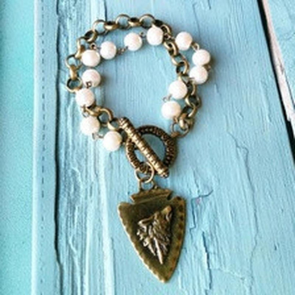 Arrow Head On Pearl And Antique Bronze Bracelet,Bracelet - Dirt Road Divas Boutique