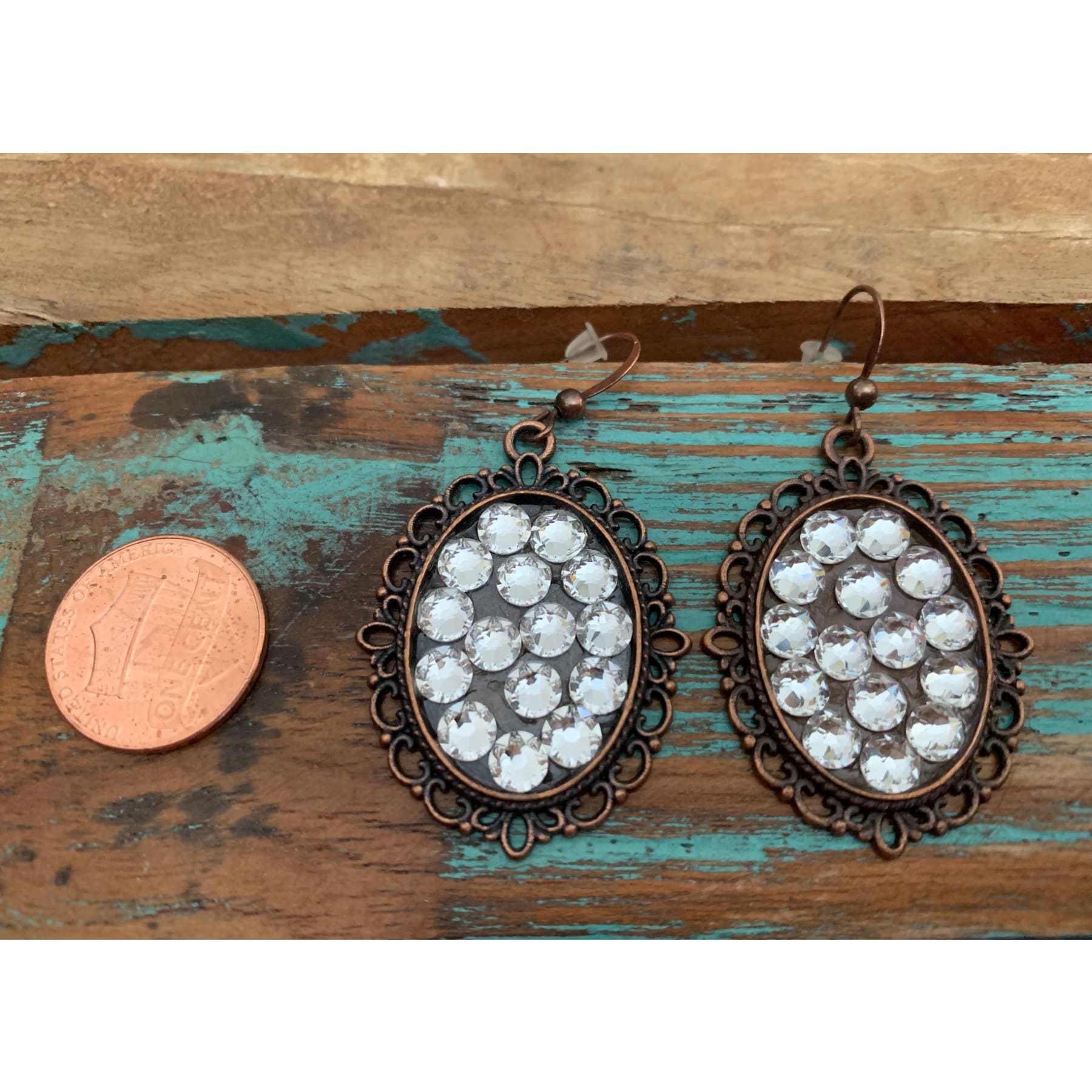Clear Crystal Swarovski Oval Earrings in Antiqued Copper,Earrings - Dirt Road Divas Boutique