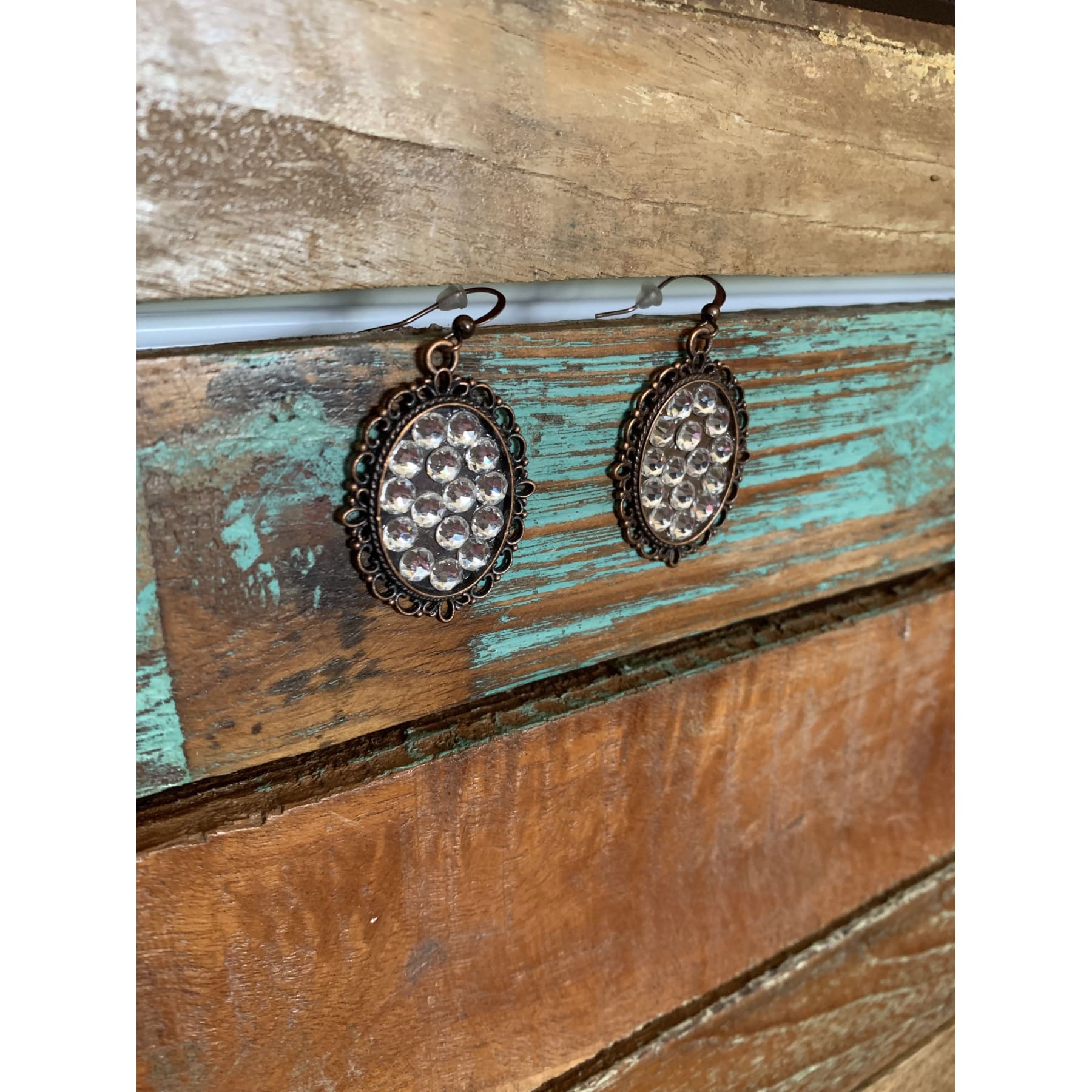 Clear Crystal Swarovski Oval Earrings in Antiqued Copper,Earrings - Dirt Road Divas Boutique