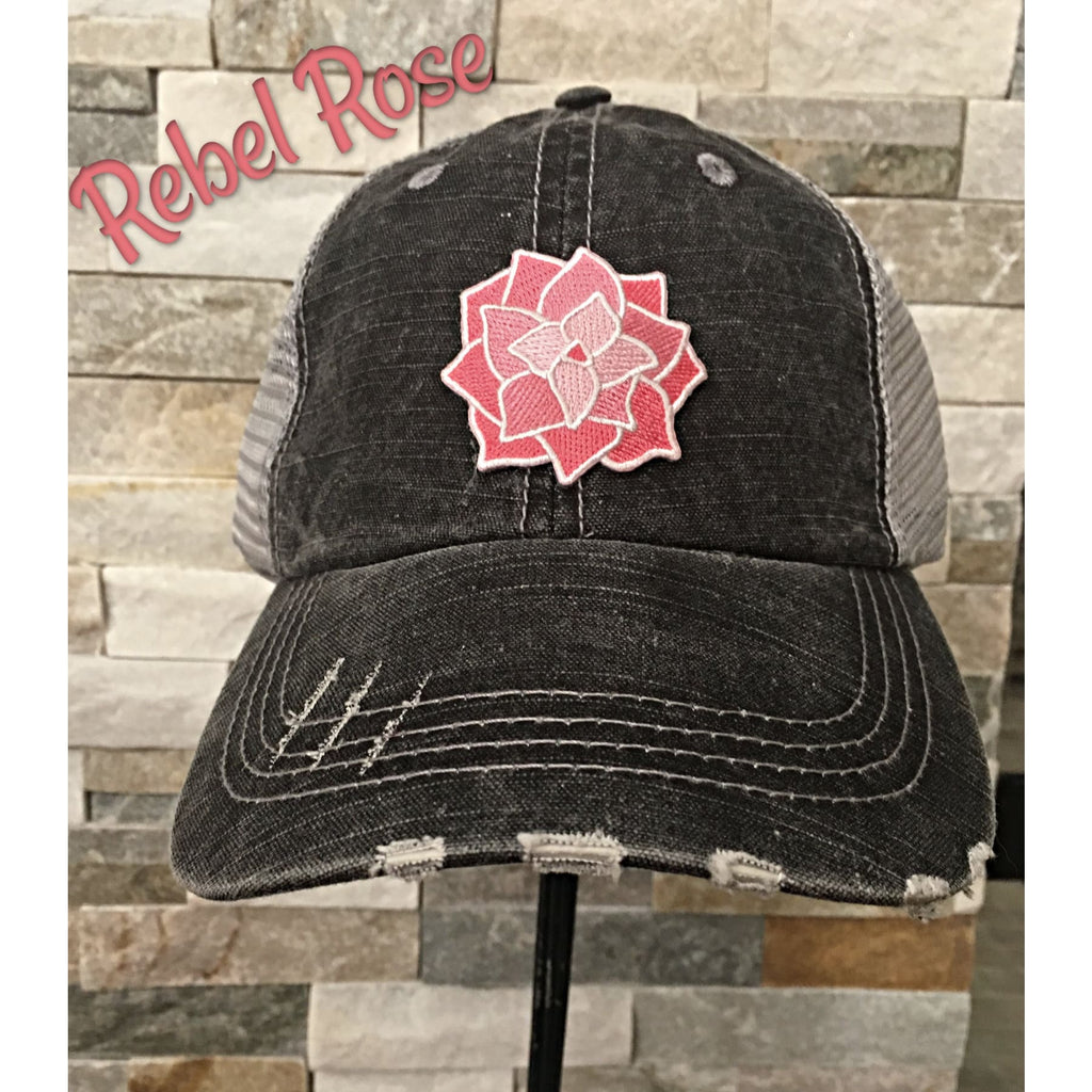 Distressed Trucker Cap ~ Rebel Rose,Cap - Dirt Road Divas Boutique