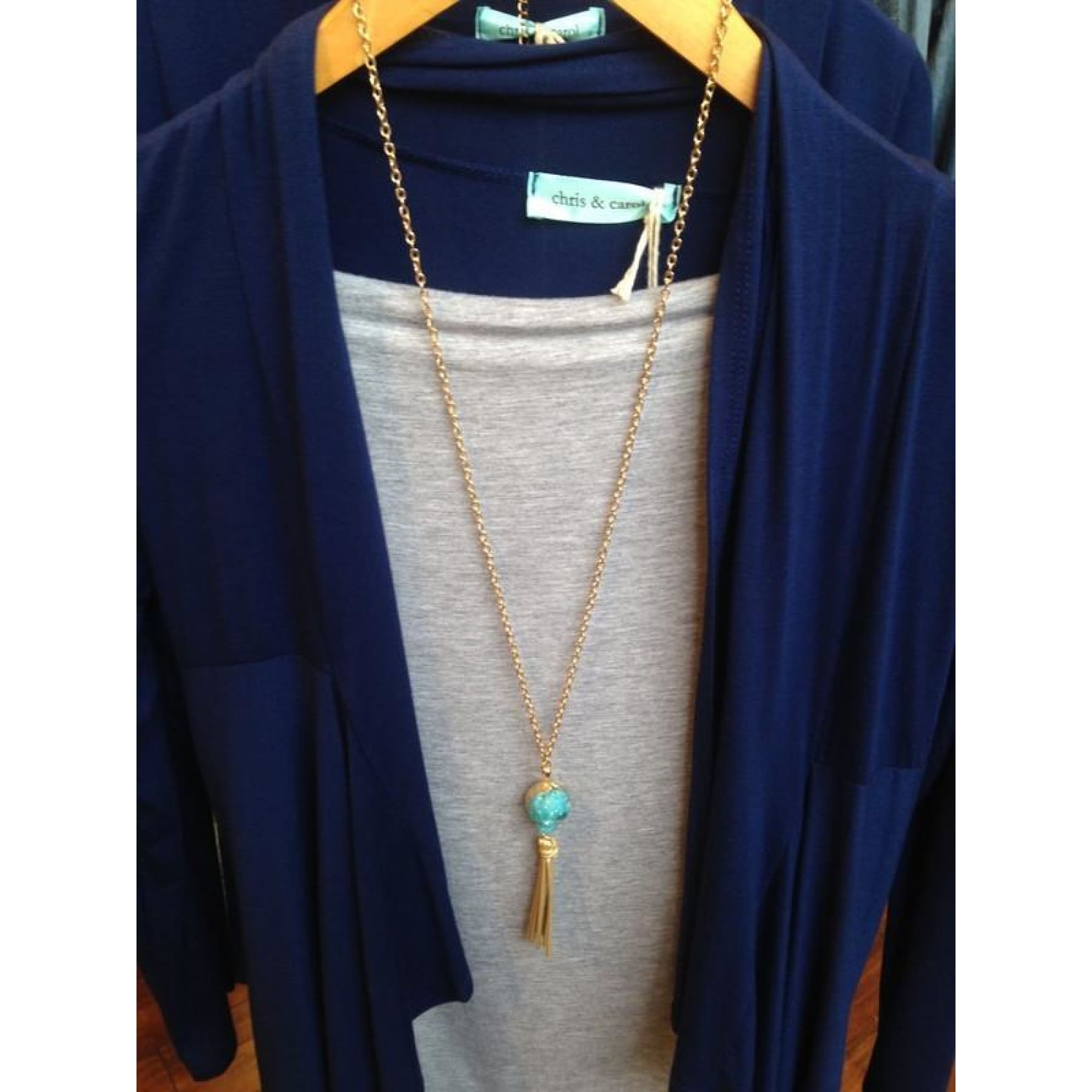 Gold Blue Druzy Crystal With Gold Leather Tassel Necklace,Necklace - Dirt Road Divas Boutique