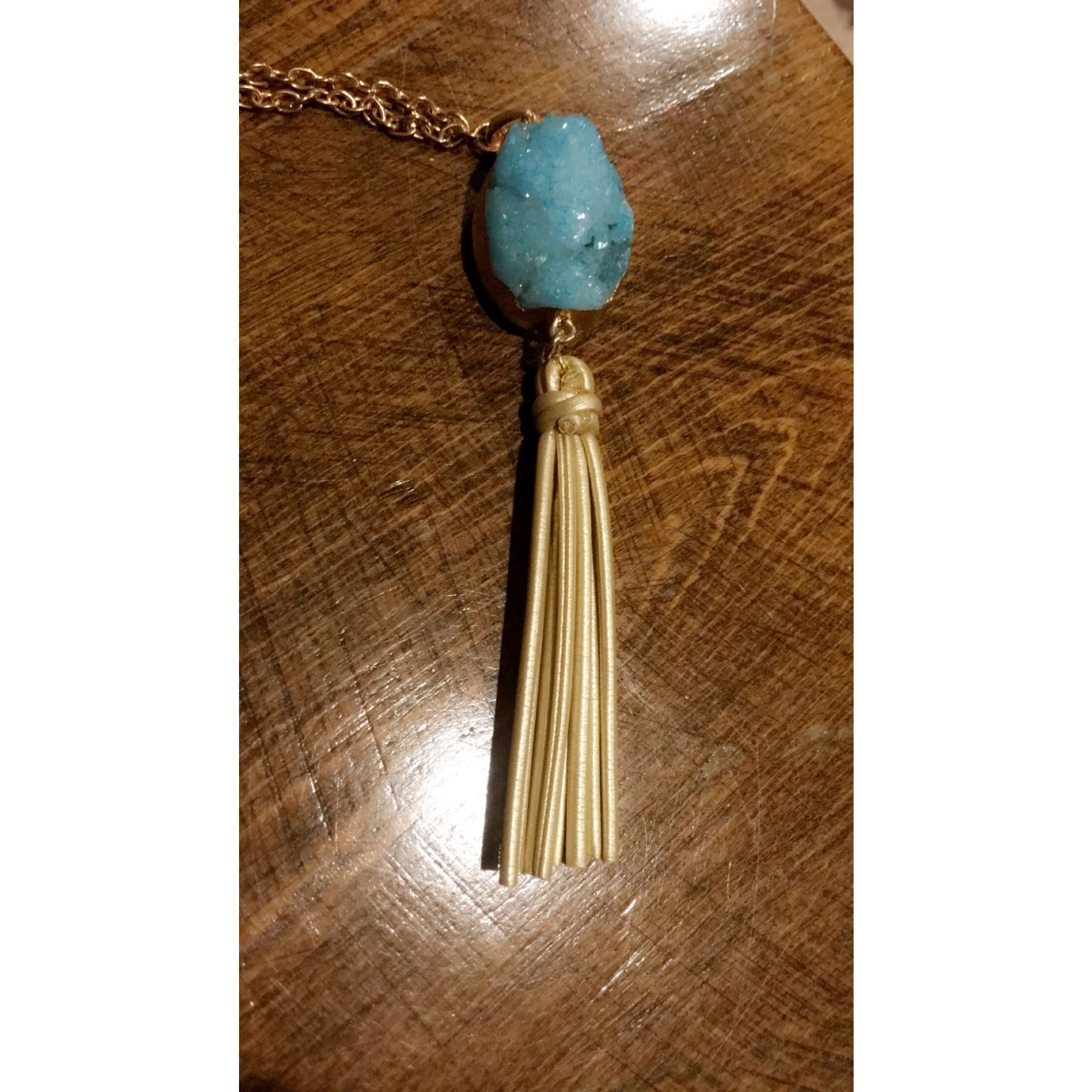 Gold Blue Druzy Crystal With Gold Leather Tassel Necklace,Necklace - Dirt Road Divas Boutique