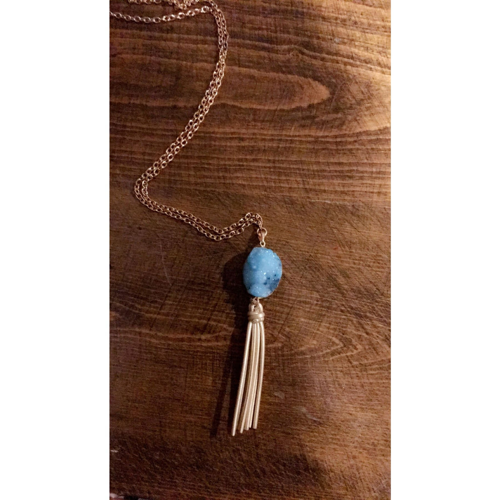 Gold Blue Druzy Crystal With Gold Leather Tassel Necklace,Necklace - Dirt Road Divas Boutique