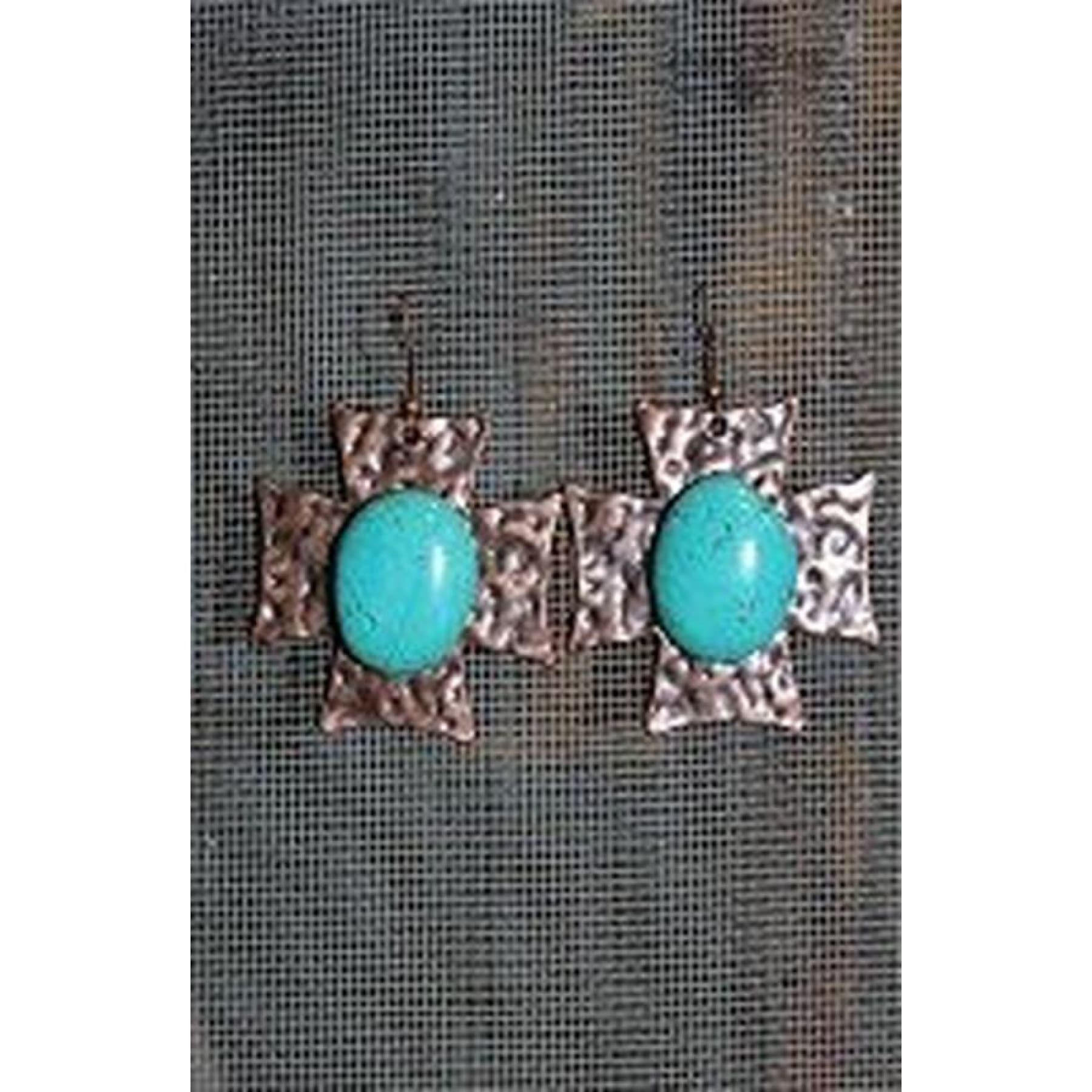 Hammered Cross Turq. Stone Earrings,Earrings - Dirt Road Divas Boutique
