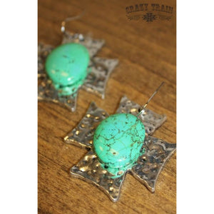 Hammered Cross Turq. Stone Earrings,Earrings - Dirt Road Divas Boutique