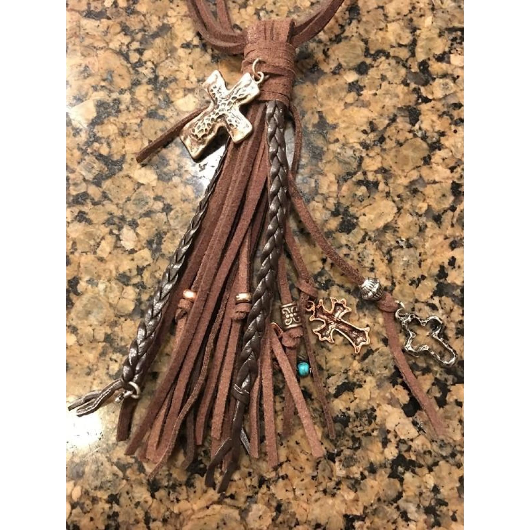 Hello Rodeo Leather Tassel Necklace With Crosses,Necklace - Dirt Road Divas Boutique