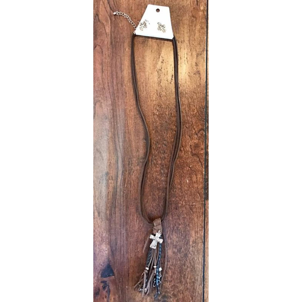 Hello Rodeo Leather Tassel Necklace With Crosses,Necklace - Dirt Road Divas Boutique