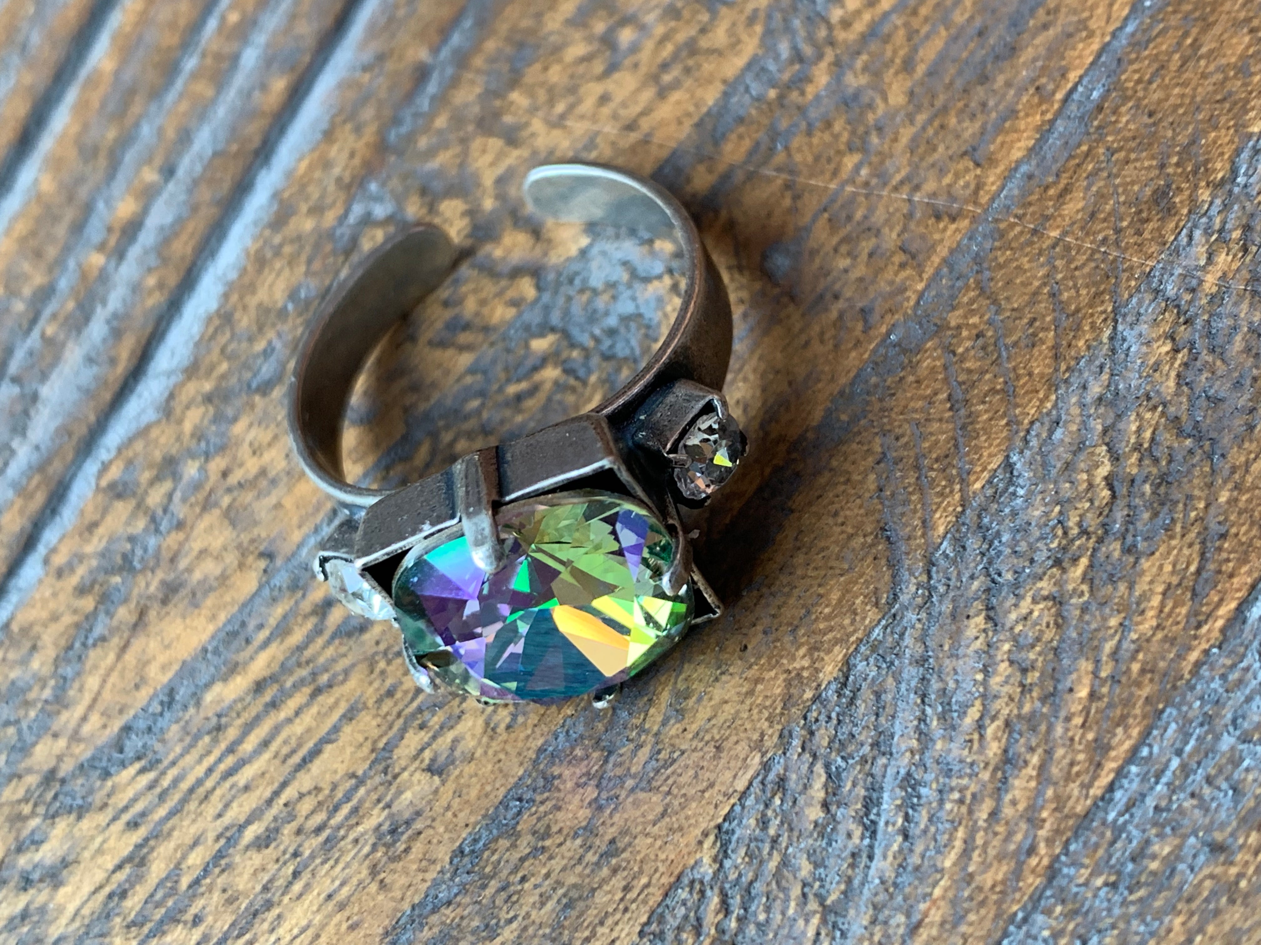 Antiqued Silver Ring with a 12mm Paradise Shine Swarovski Crystal,Ring - Dirt Road Divas Boutique
