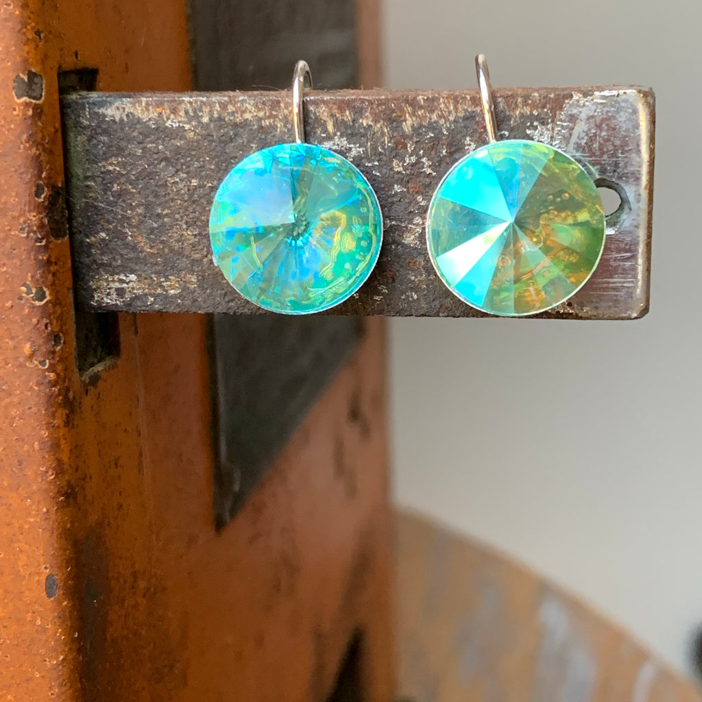 Handmade Silver Earrings with Round Swarovski Crystals in Light Glacier Turquoise,Earrings - Dirt Road Divas Boutique