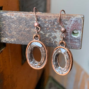 Antiqued Copper Oval Earrings with Clear Oval Swarovski Crystal Embedding.,Earrings - Dirt Road Divas Boutique