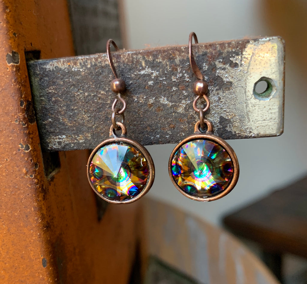 Handmade Copper Earrings with Round Swarovski Peacock Eye Crystals,Earrings - Dirt Road Divas Boutique