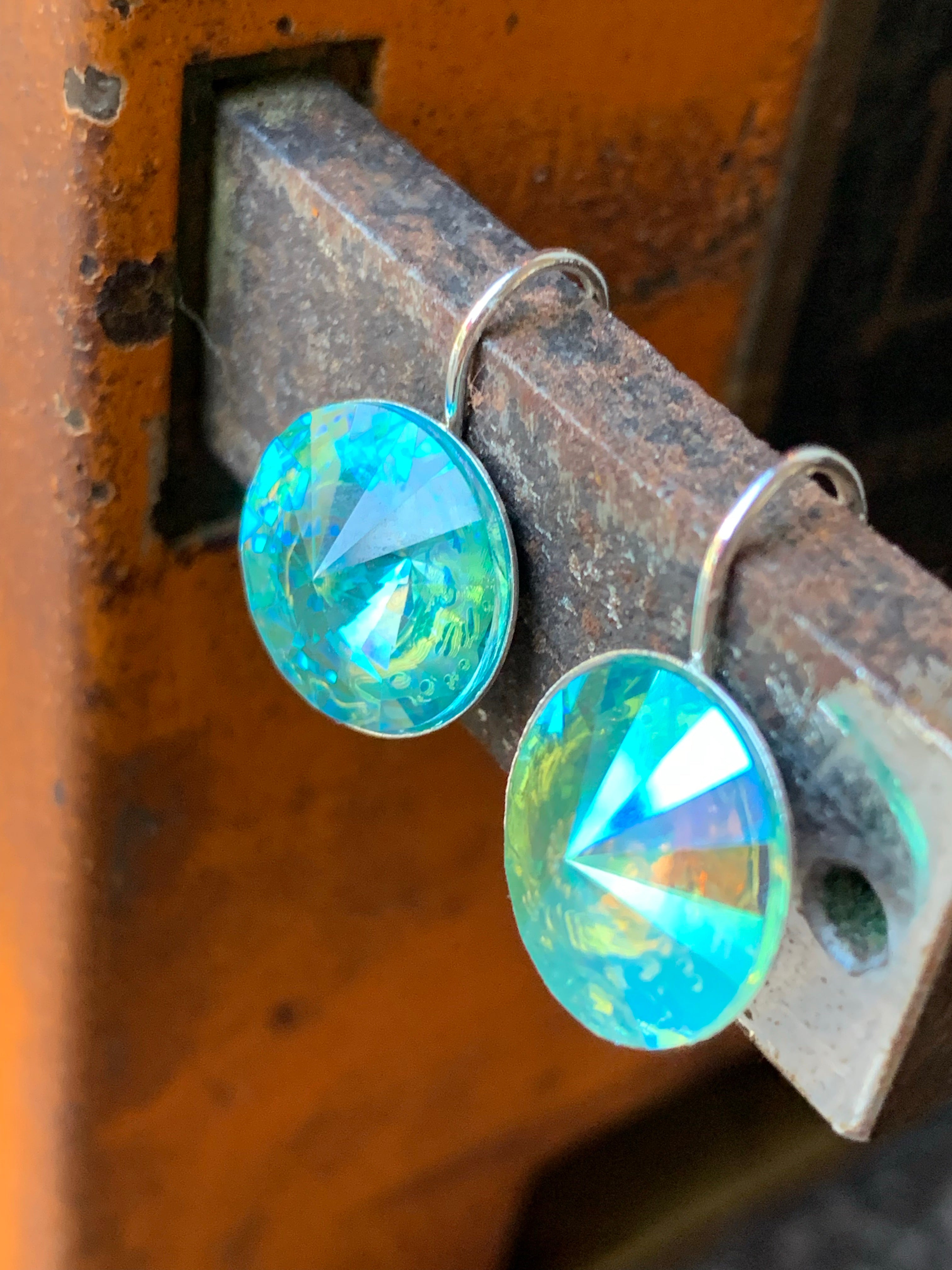 Handmade Silver Earrings with Round Swarovski Crystals in Light Glacier Turquoise,Earrings - Dirt Road Divas Boutique