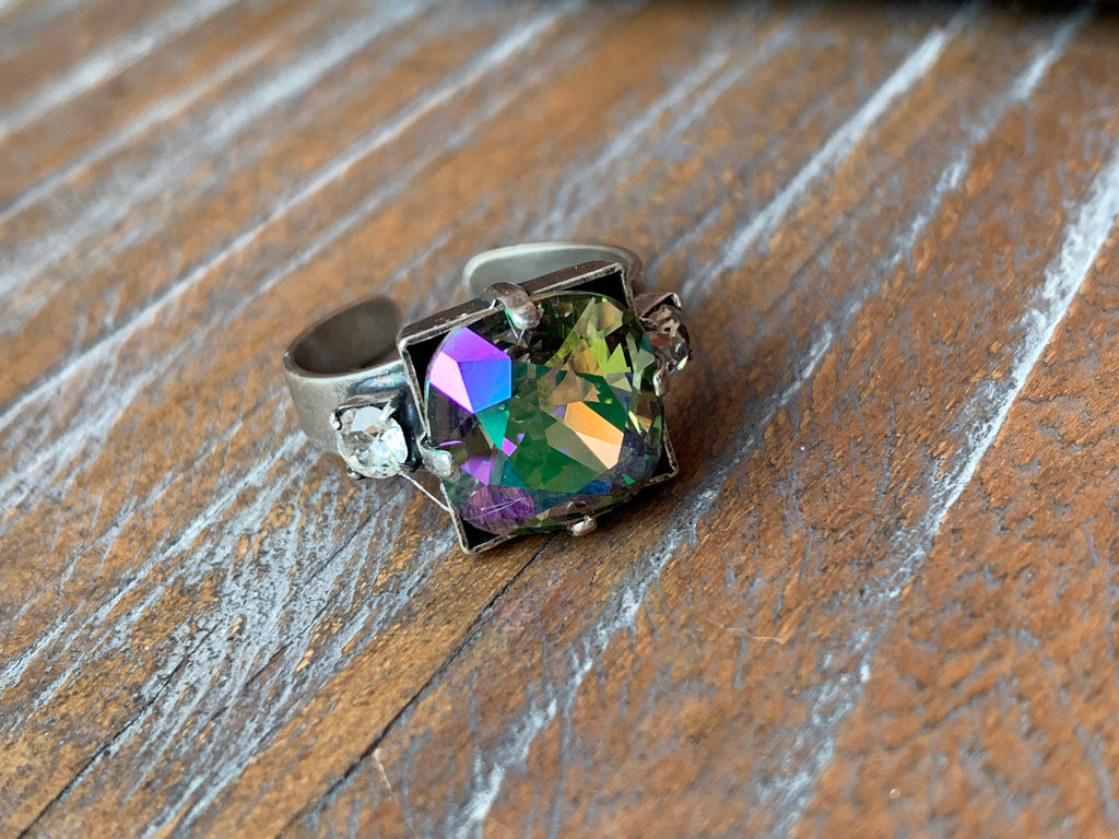 Antiqued Silver Ring with a 12mm Paradise Shine Swarovski Crystal,Ring - Dirt Road Divas Boutique