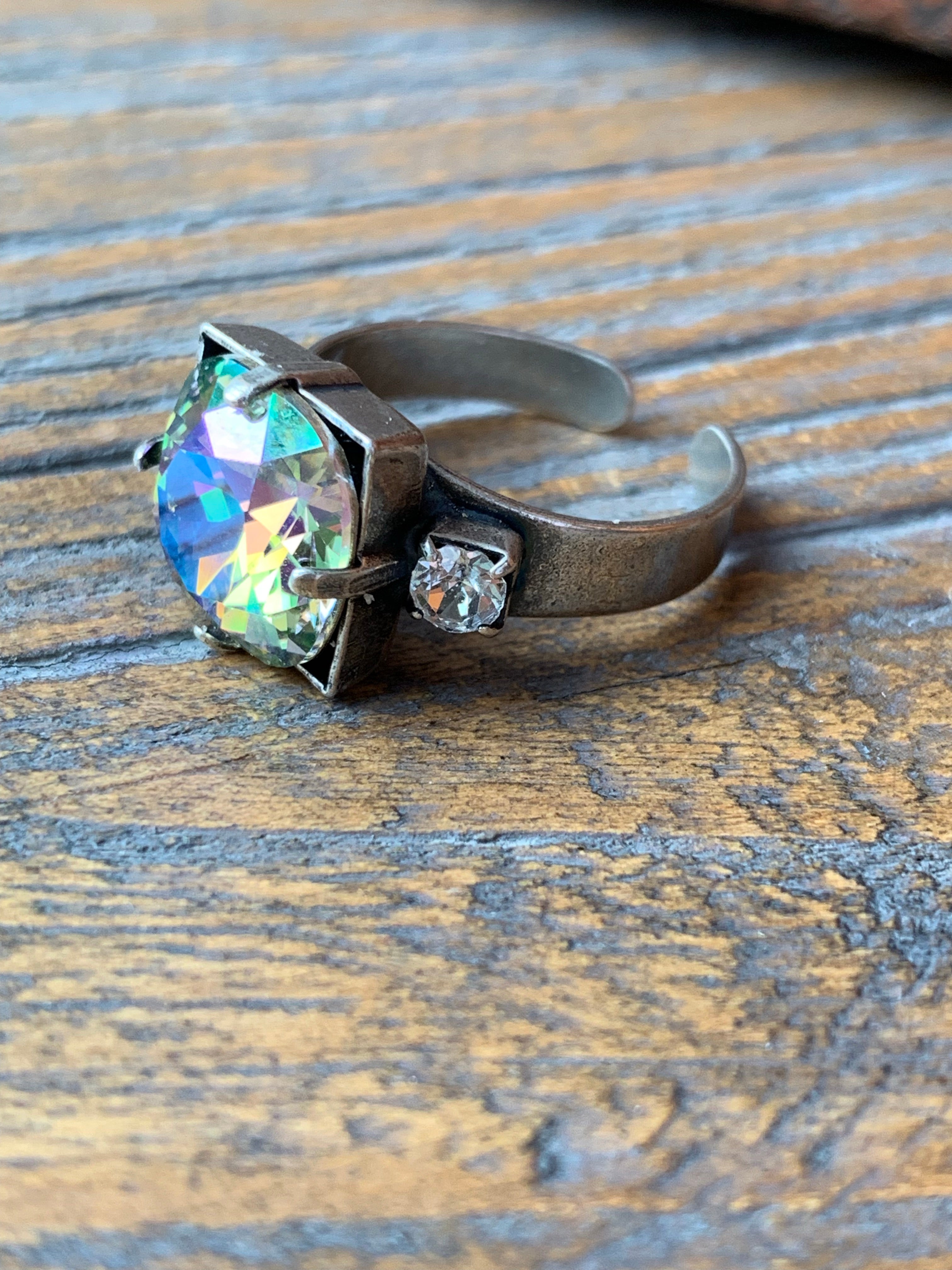 Antiqued Silver Ring with a 12mm Paradise Shine Swarovski Crystal,Ring - Dirt Road Divas Boutique