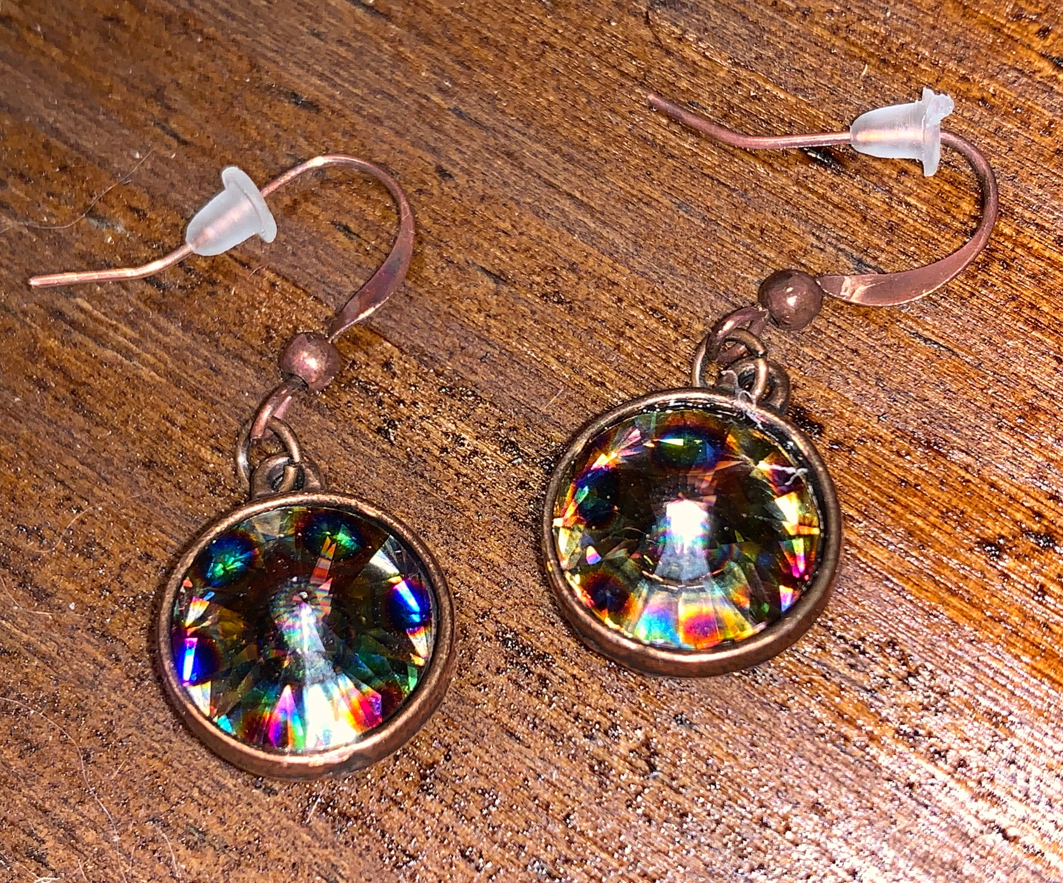 Handmade Copper Earrings with Round Swarovski Peacock Eye Crystals,Earrings - Dirt Road Divas Boutique