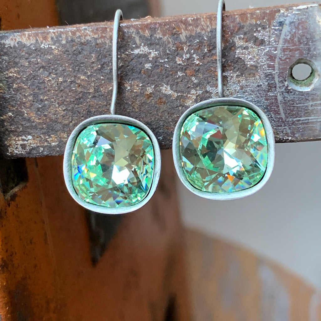 Handmade Antiqued Silver Earrings with Chrysolite Green Swarovski Crystal,Earrings - Dirt Road Divas Boutique