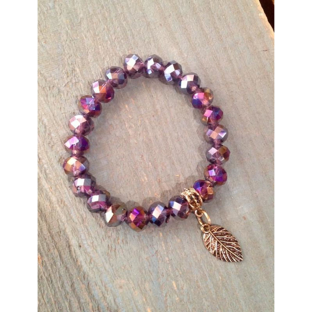 Purple Moon Shimmer Bead Bracelet With Antique Gold Feather Charm,Bracelet - Dirt Road Divas Boutique