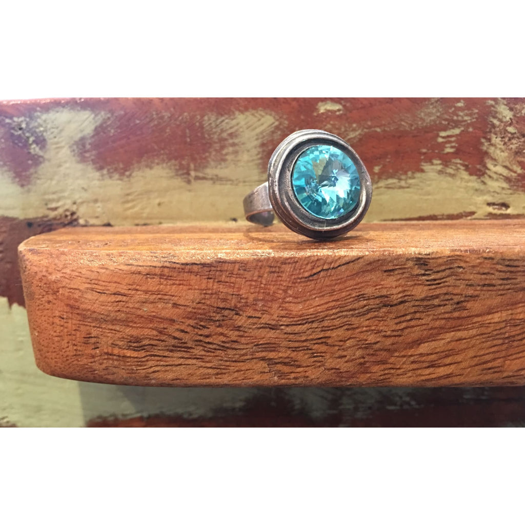 Round Silver Ring With Aqua Swarovski Crystal,Rings - Dirt Road Divas Boutique